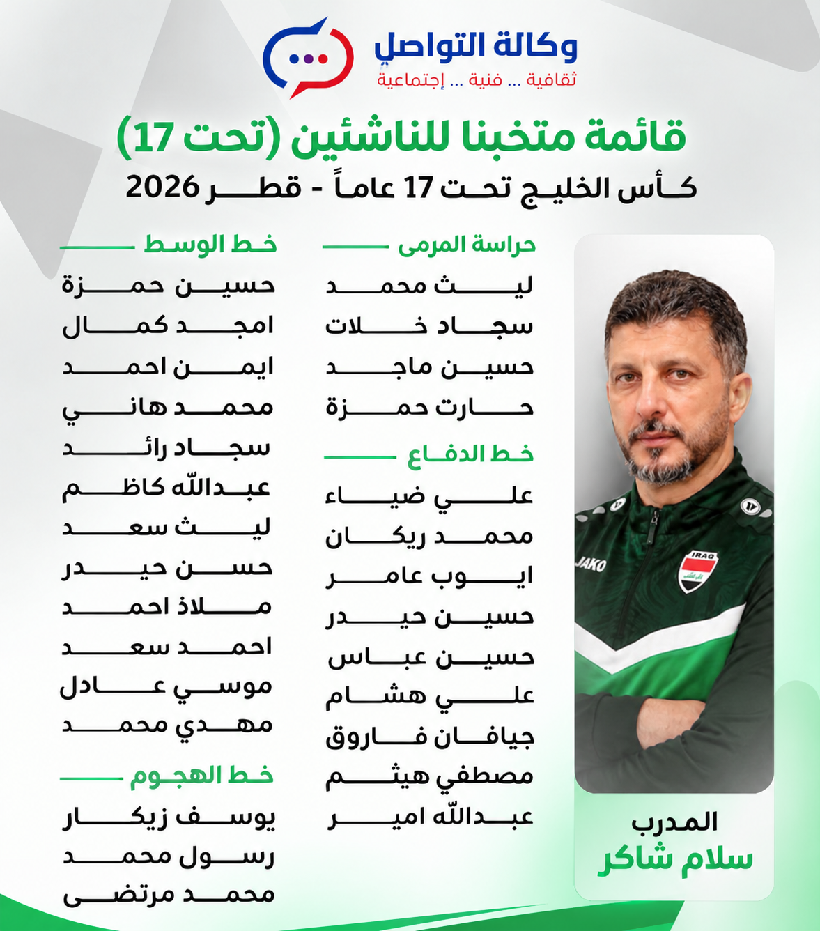 منتخب ناشئي العراق يعلن قائمته للمشاركة في كأس الخليج تحت 17 عاماً بقطر